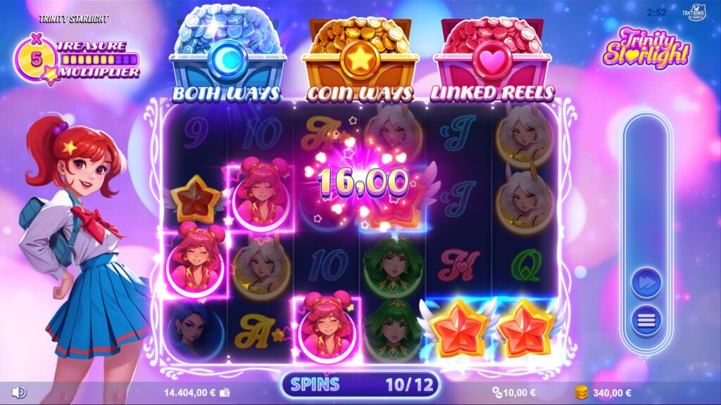 A winning combination from right-to-left highlighted in Trinity Starlight slot, demonstrating the Both Ways feature.