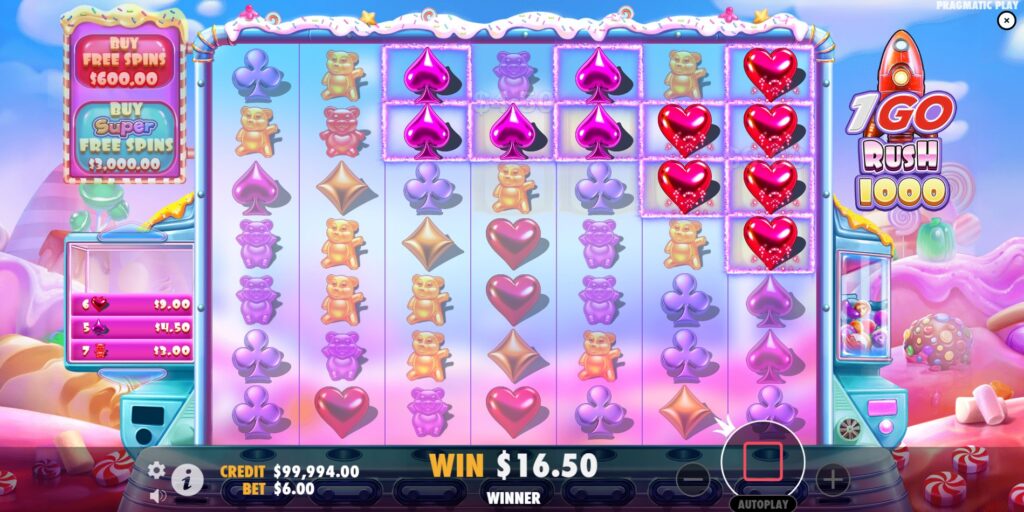 Main game interface of 1GO Rush 1000 slot by Pragmatic Play, showing the 7x7 grid, candy symbols, and player controls.