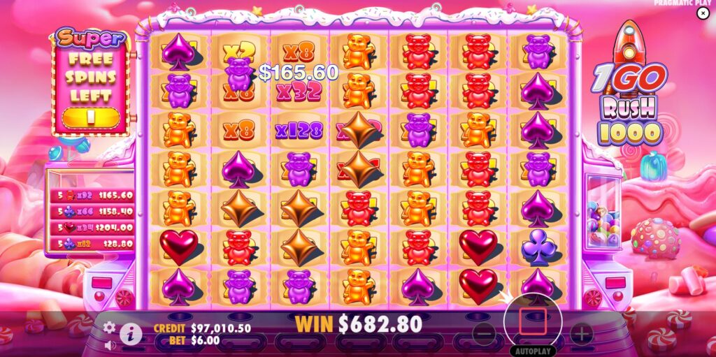 The Super Free Spins round in 1GO Rush 1000 showcasing the grid with initial x2 multipliers on all spots, ready for big wins.