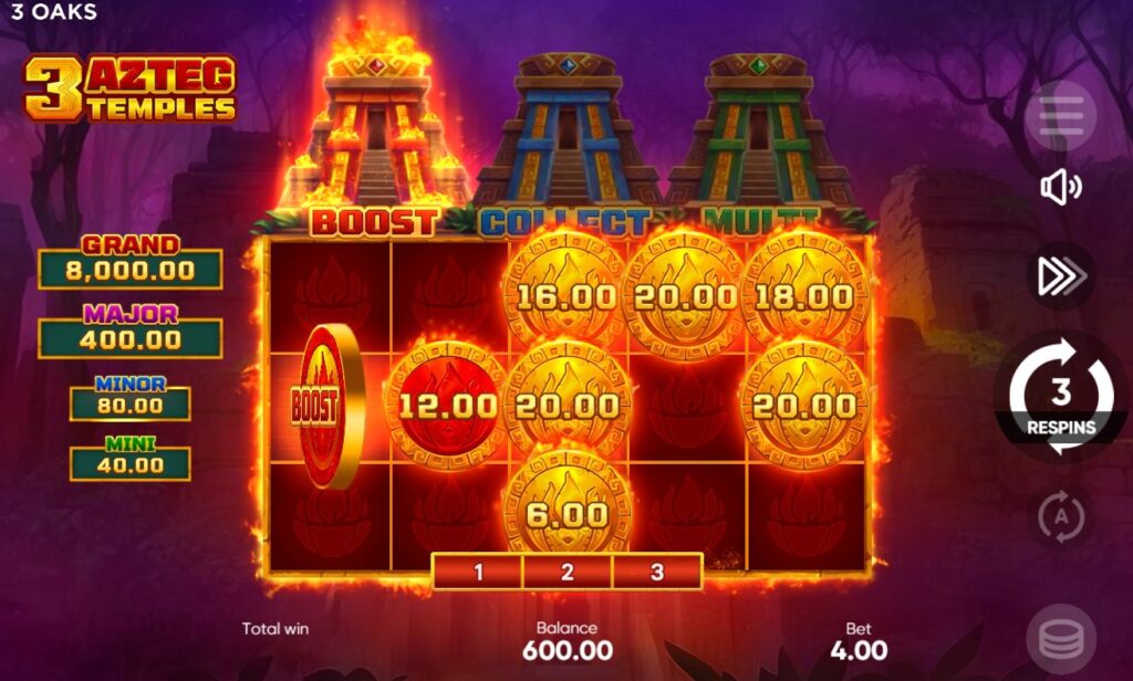 Screenshot of the 3 Aztec Temples slot's Boost Feature active during the Hold & Win bonus, showing the red Boost symbol increasing cash values on coin symbols.