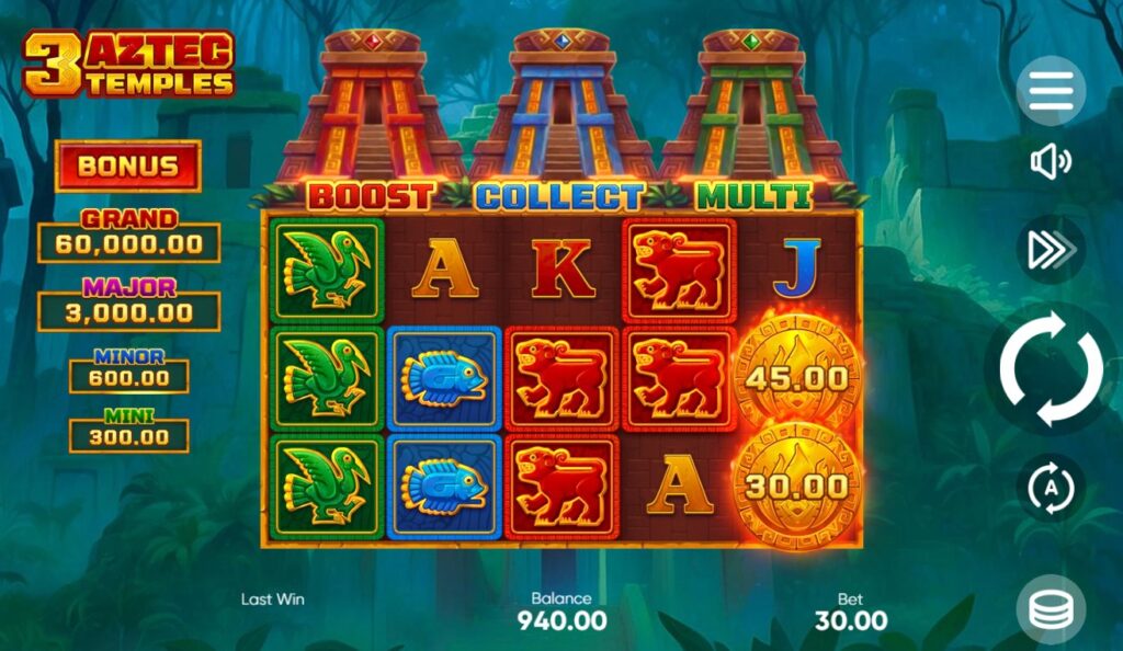 Main game interface of 3 Aztec Temples slot displaying reels, temple meters, and jackpot values.