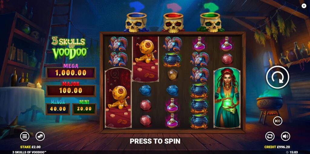 Main game interface of 3 Skulls of Voodoo slot showcasing reels and bonus pots.