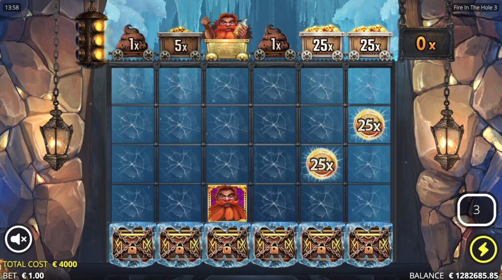 Fire in the Hole 3 Lucky Wagon Spins bonus round interface with coin symbols on a 6x6 grid and enhancers like multipliers and dynamite at the top.