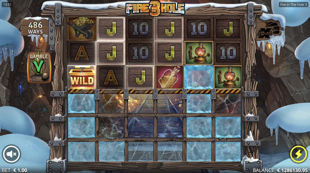 Fire in the Hole 3 slot base game screen with 6 reels, initially 3 active rows showing 486 ways to win, and ice-covered lower rows.