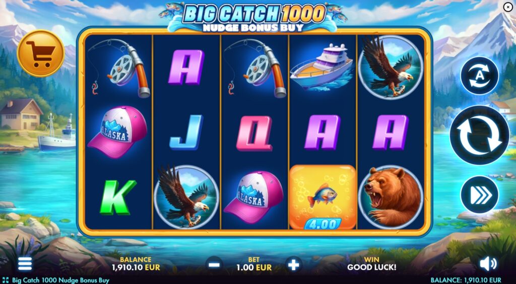 Big Catch 1000 Nudge Bonus Buy slot base game screen with various themed symbols on the reels.