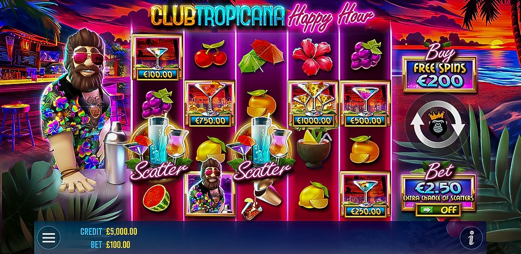 Main game interface of Club Tropicana Happy Hour slot displaying the 5x4 reel layout, tropical fruit symbols, and cocktail scatter.