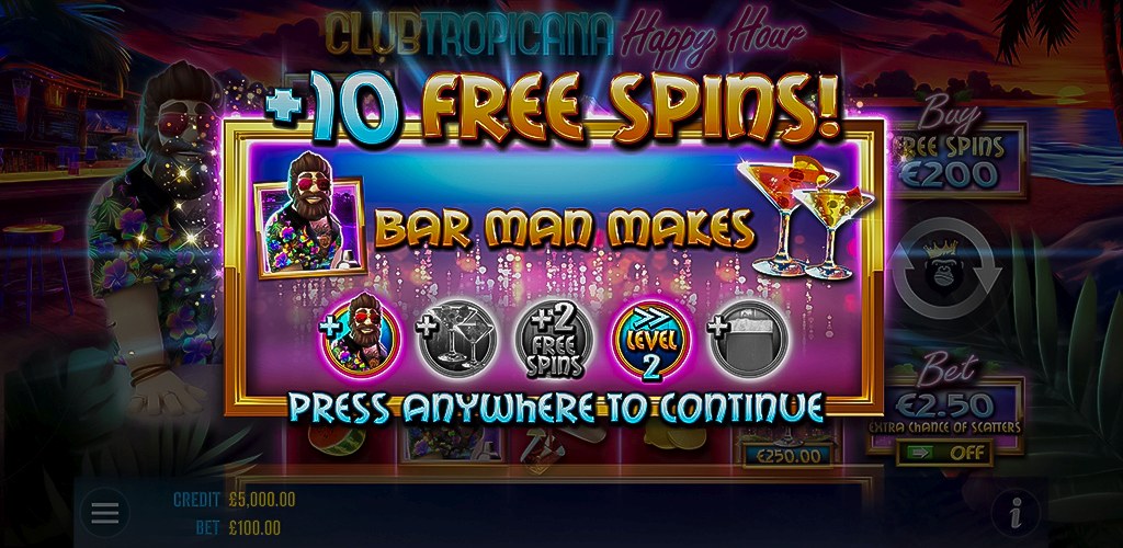 Club Tropicana Happy Hour Free Spins activation screen detailing the "Bar Man Makes" feature and symbol collection for bonus levels.