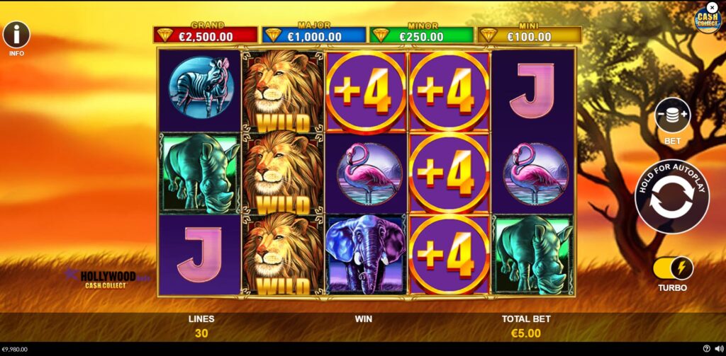 Main game interface of Hollywood Bets: Cash Collect slot showcasing the African safari theme, 5x3 reel layout, and key betting controls.