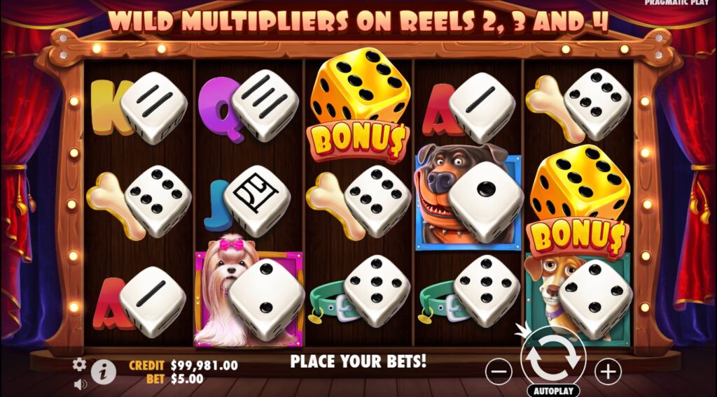 The Dog House Dice Show slot main game screen by Pragmatic Play with 5x3 reels and dog symbols.