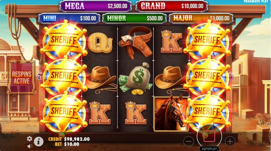 Badge Blitz slot triggering the Money Respin (Badge Blitz) feature with multiple Sheriff Badge symbols.