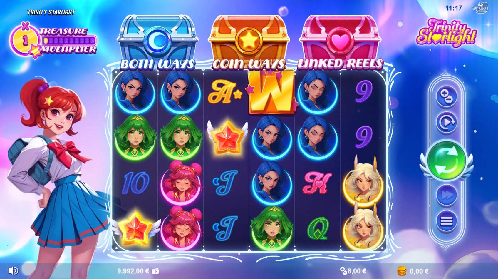 Trinity Starlight slot main game screen by Fantasma Games showcasing the 6x4 reels, Trinity character, treasure chests, and multiplier display.