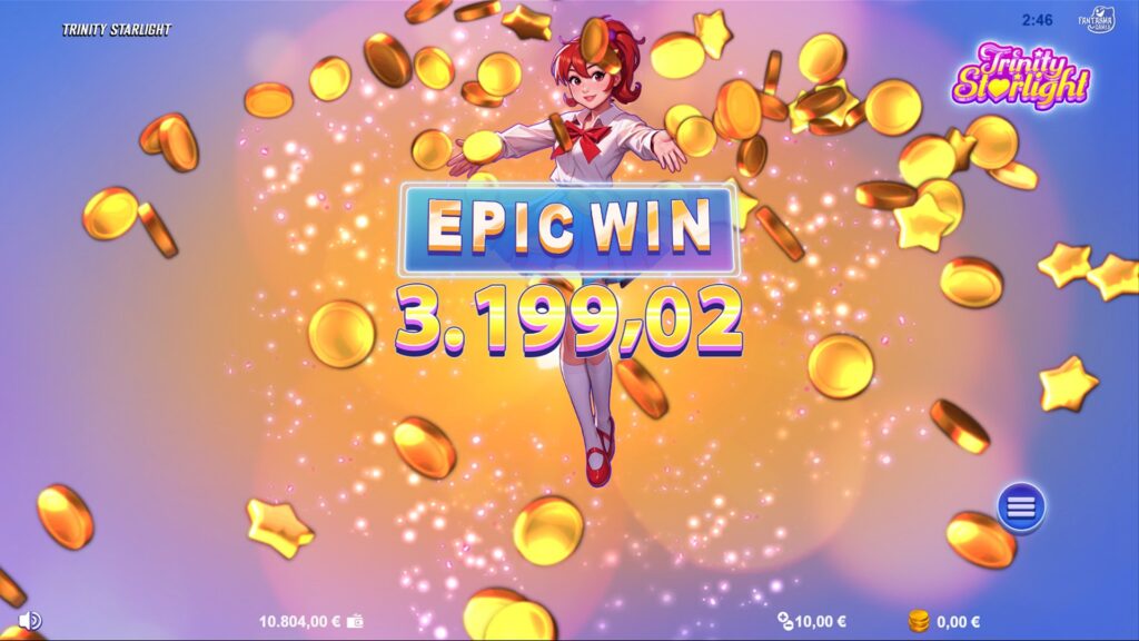 A significant "Epic Win" screen achieved in the Trinity Starlight slot, likely from a successful Trinity Spins round.