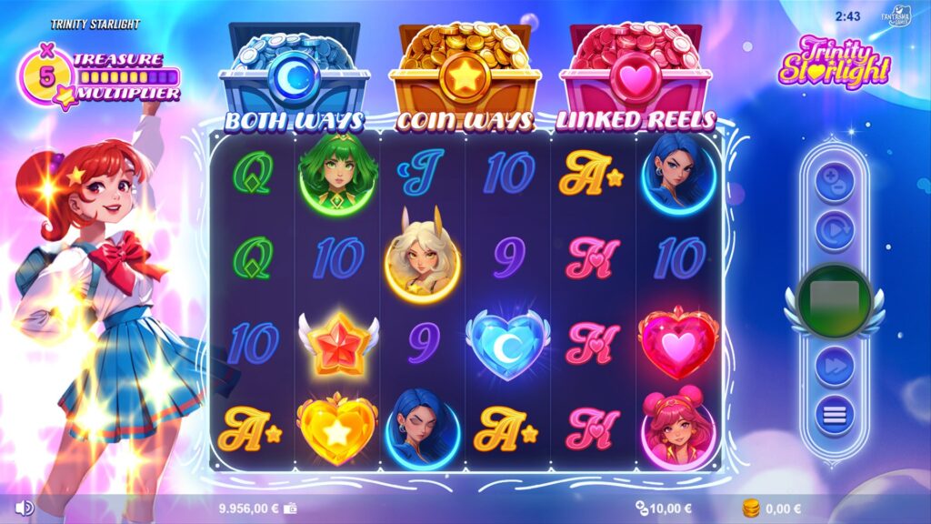 Trinity Starlight slot displaying an increased Treasure Multiplier value during the base game.