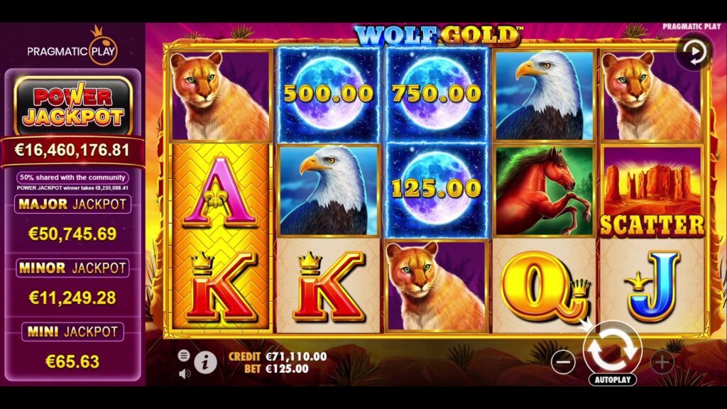 Wolf Gold Power Jackpot slot main game screen with reels, symbols, and jackpot display by Pragmatic Play.