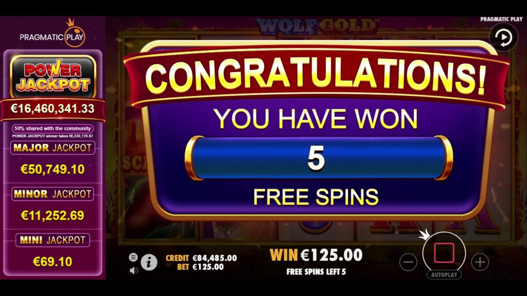 Triggering the Free Spins bonus round in Wolf Gold Power Jackpot with three Scatter symbols.