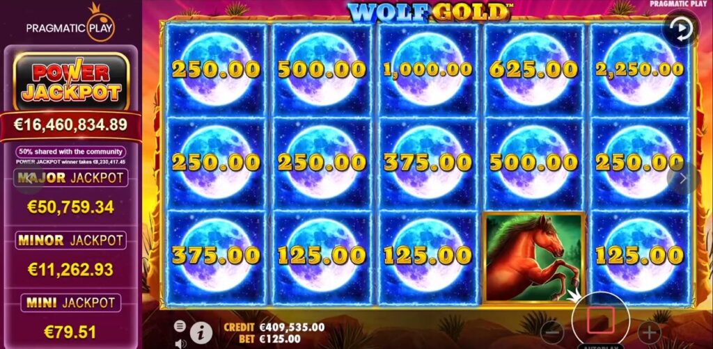 Winning screen of the Money Respin feature in Wolf Gold Power Jackpot, showing collected cash values.
