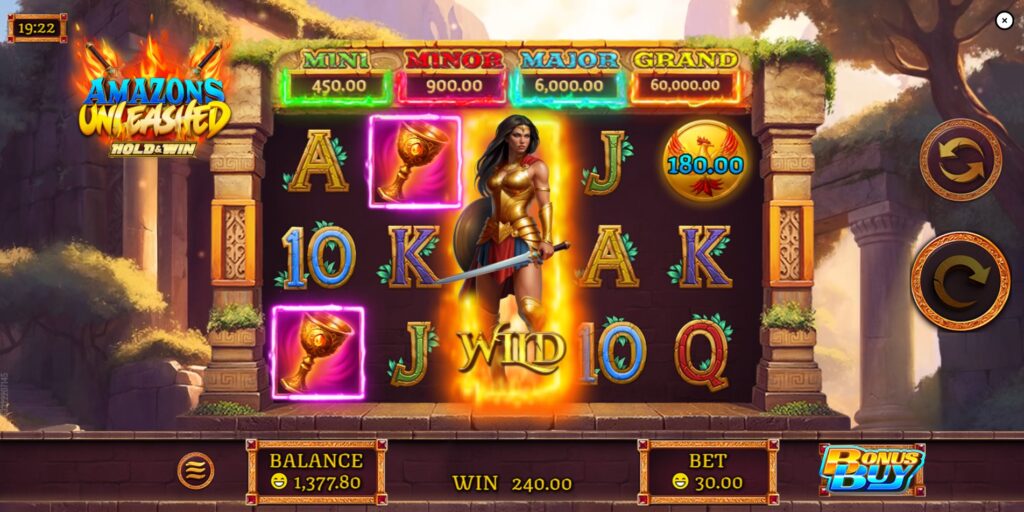 Amazon Warrior Wild expanded on reel 3 with 2x multiplier, triggering a re-spin in Amazons Unleashed slot.