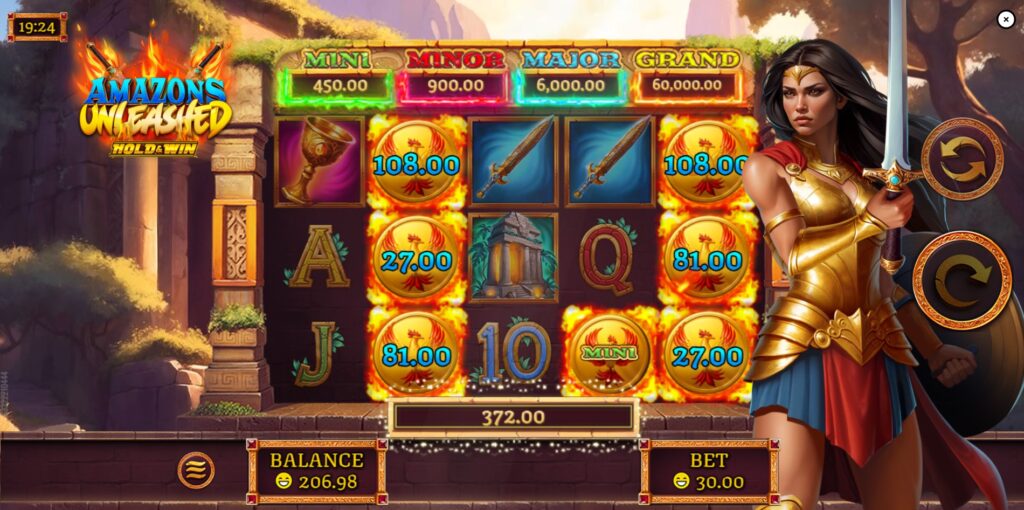 Amazons Unleashed Hold & Win feature in progress, displaying locked Prize Symbols and potential jackpots.
