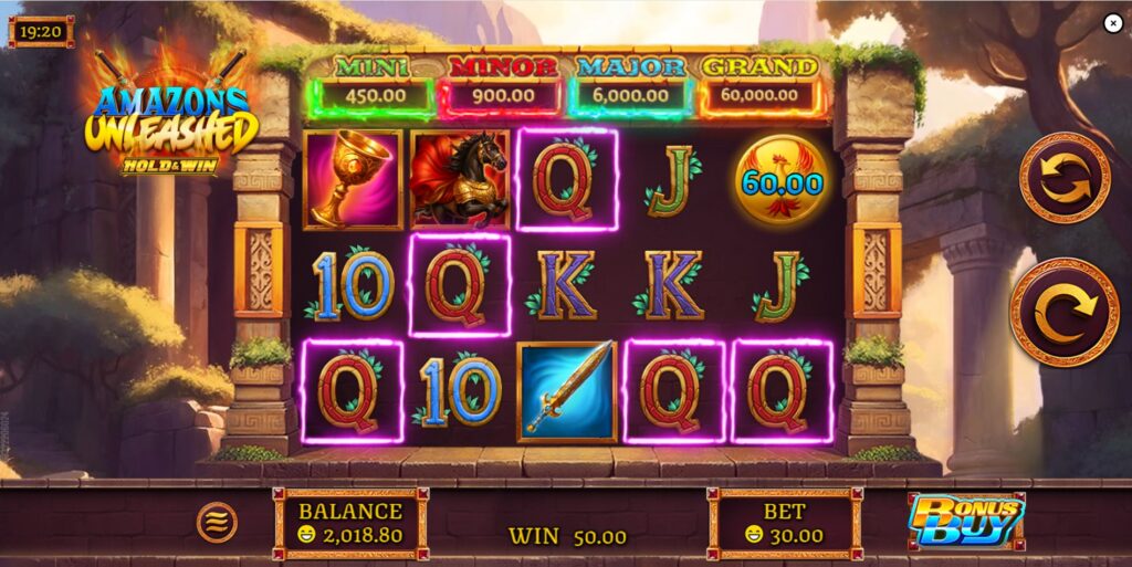Amazons Unleashed slot main game screen showing reels, symbols, and ancient Greek temple background by Rival.