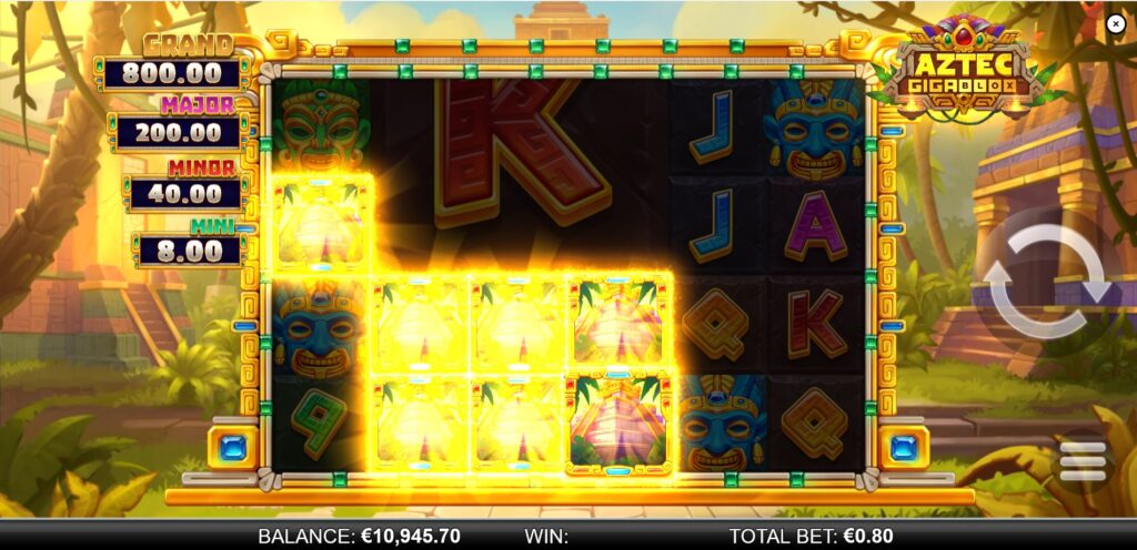 The Free Spins bonus round activated in the Aztec GigaBlox slot with guaranteed Wilds.