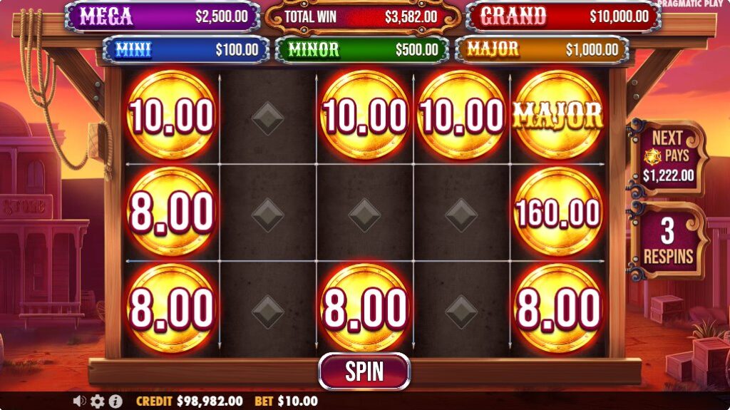 The Money Respin feature in Badge Blitz with Coin symbols displaying cash values on the reels.