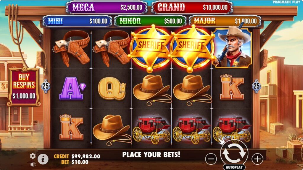 Badge Blitz slot game interface displaying reels, Western symbols, and jackpot amounts.