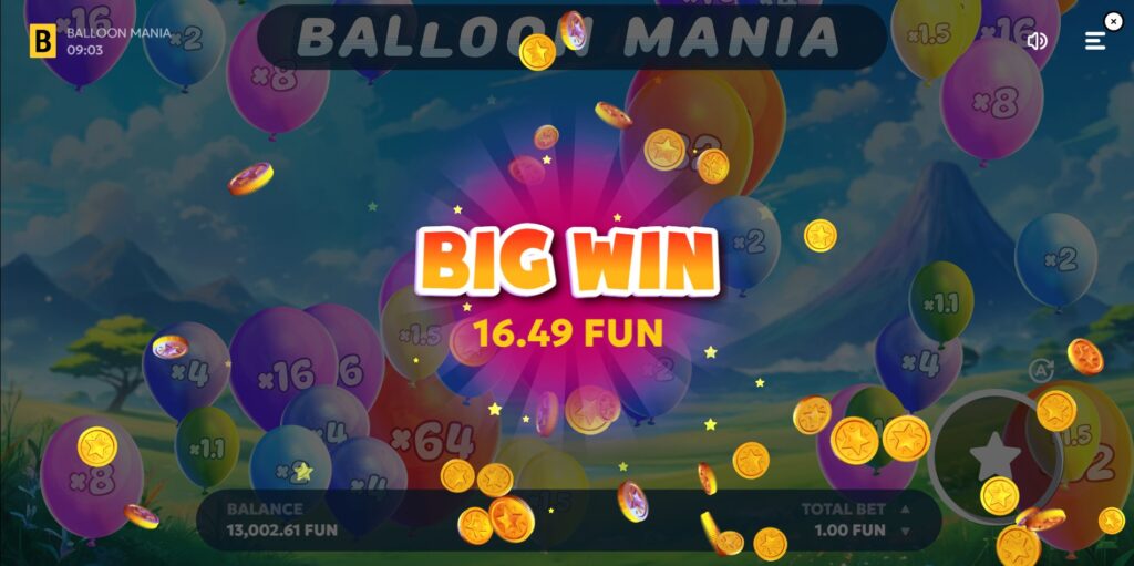 A big win animation screen in Balloon Mania after successfully popping a high-multiplier balloon.