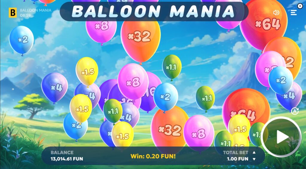 Balloon Mania slot gameplay screen with colorful balloons displaying various multipliers and player interface elements.