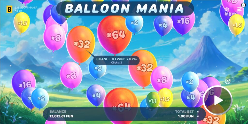 Tooltip in Balloon Mania game showing the 'Chance to Win' percentage and click counter for a selected balloon.