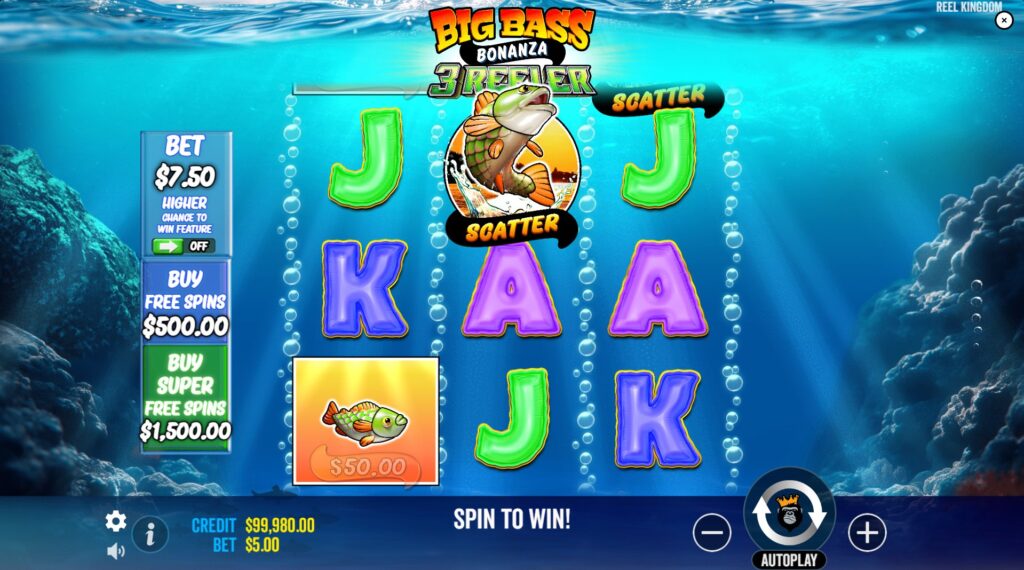 Big Bass Bonanza 3 Reeler slot base game with 3x3 reels and fishing symbols.