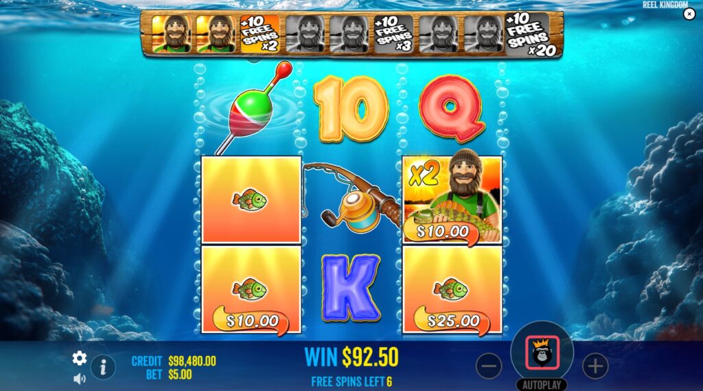 Fisherman Wild collecting Fish Money Symbols during the Free Spins feature in Big Bass Bonanza 3 Reeler, with an active multiplier.