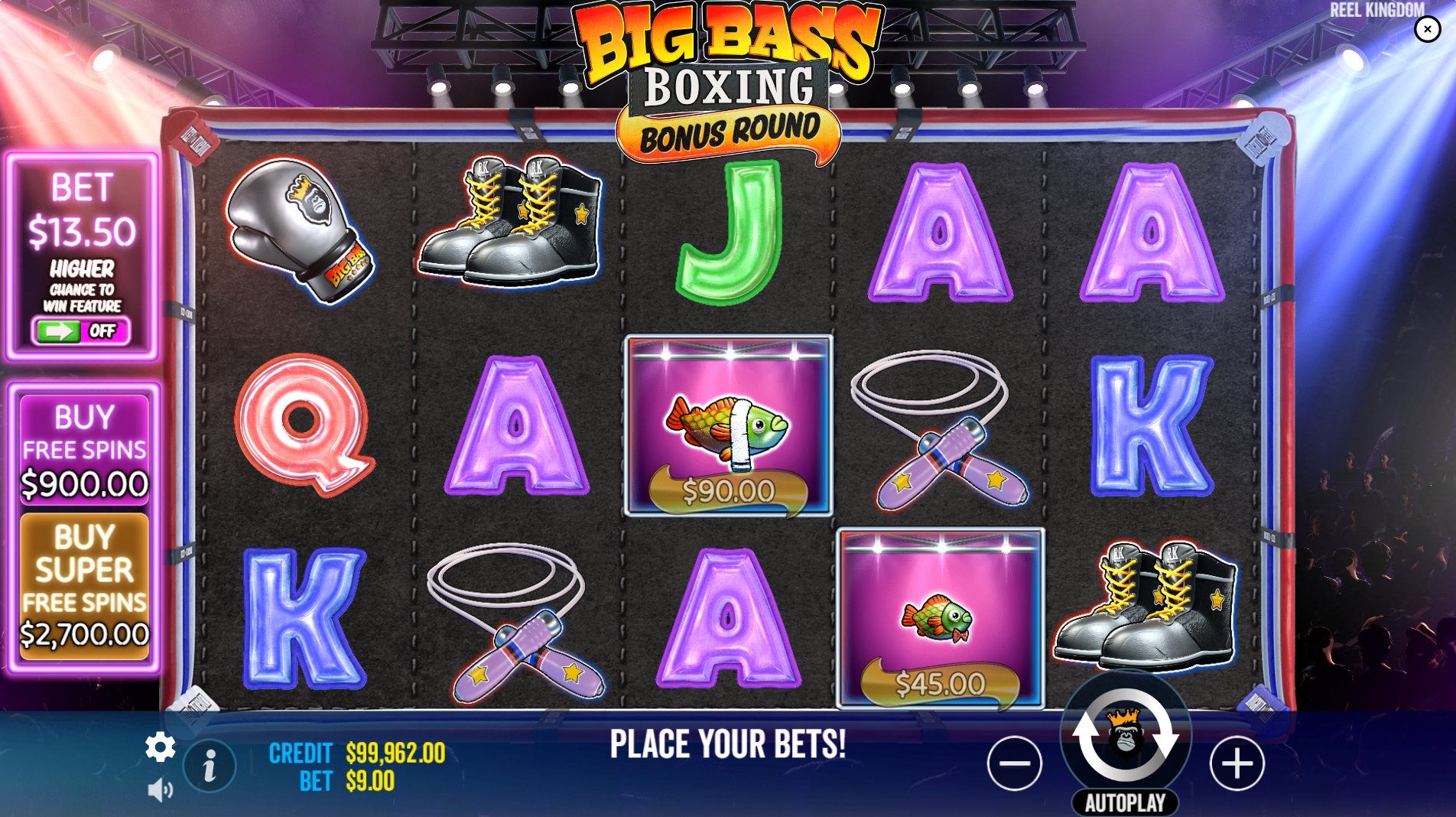 Base game interface of Big Bass Boxing Bonus Round slot showing 5x3 reels and symbols