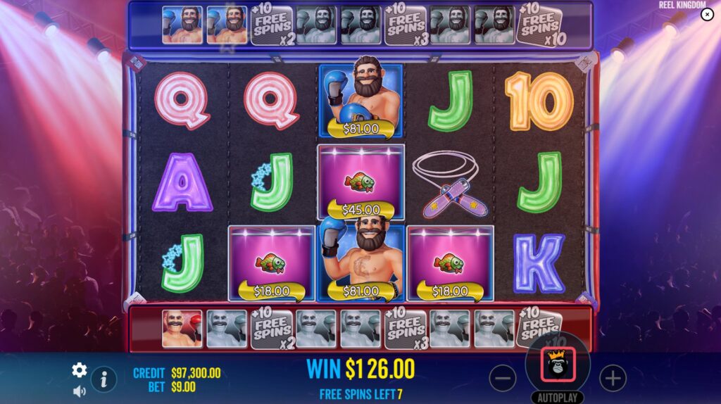 Free Spins round in Big Bass Boxing Bonus Round featuring the Blue Boxer Wild symbol and fish money symbols