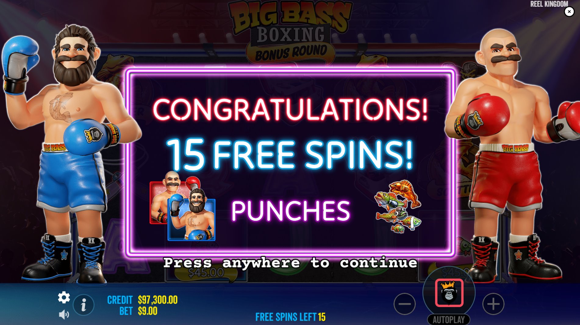 Triggering the Free Spins feature in Big Bass Boxing Bonus Round with three Scatter symbols