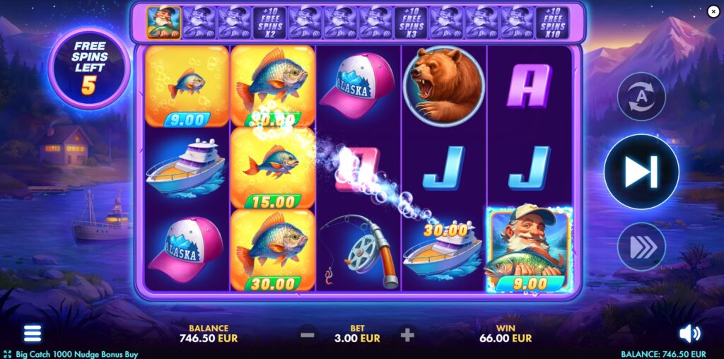 Big Catch 1000 Free Spins round showcasing the Fisherman Wild collecting fish with a win multiplier active.