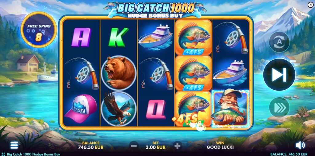Fisherman Wild collecting Fish Symbols to trigger the Free Spins Bonus in Big Catch 1000 slot.