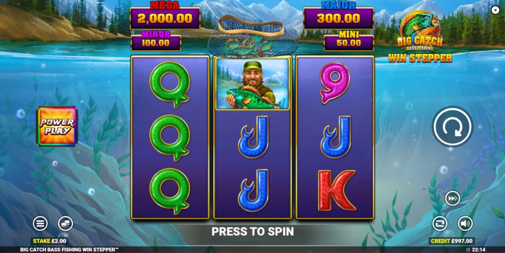 Main game interface of Big Catch Bass Fishing Win Stepper slot by Blueprint Gaming