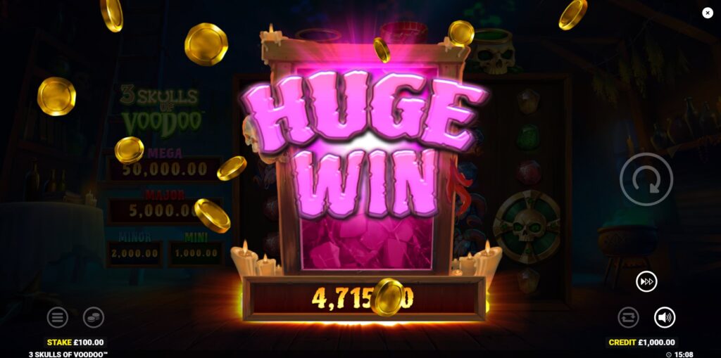 A significant win celebration screen in the 3 Skulls of Voodoo slot
