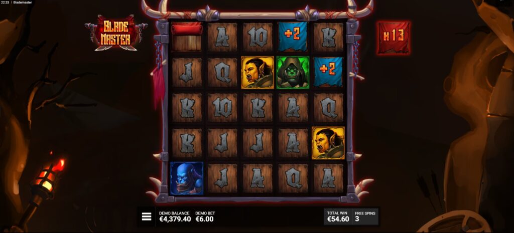 Increased Global Multiplier during Blade Master Free Spins due to Blue Flag collection.