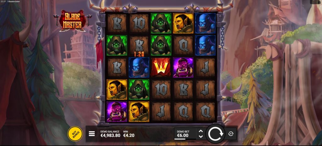 Blade Master slot base game screen showing 5x5 reel layout and orc symbols on Ispinix.