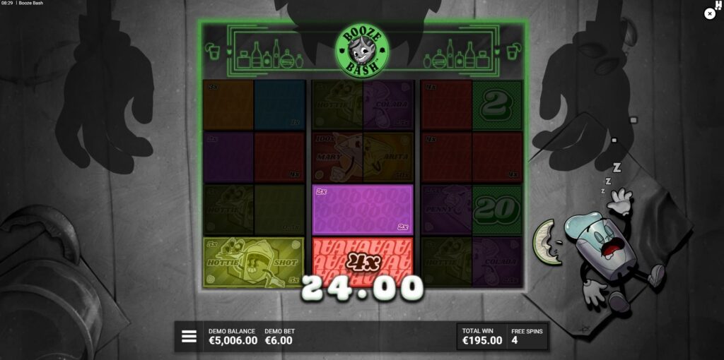 Gameplay action during the Guilty as Gin Free Spins feature in Booze Bash, highlighting potential for enhanced wins.