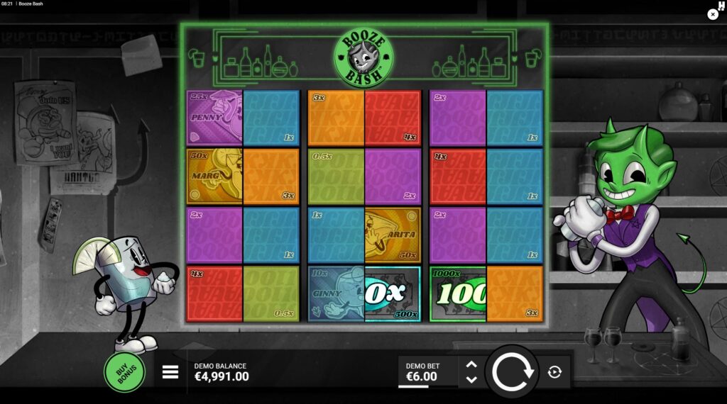 Main 6x4 game grid of Booze Bash slot showcasing the retro cartoon symbols, reel layout, and unique animated characters.