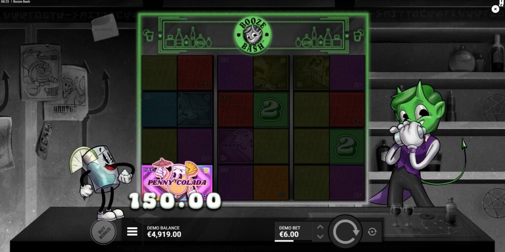 Illustrative example of the Match-2-Win feature in Booze Bash slot with completed symbol halves highlighted and payout shown.