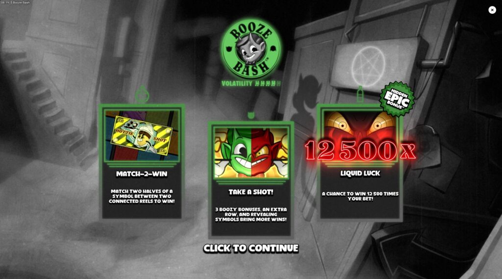 Booze Bash slot by Hacksaw Gaming loading screen displaying game title, provider, high volatility rating, and epic bonus hint.