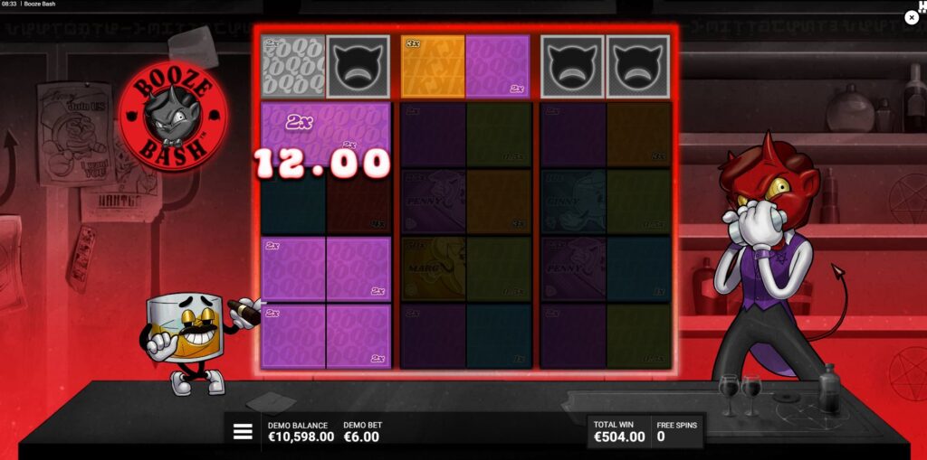 The Top-Shelf Trouble bonus in Booze Bash showcasing the active Bash Bar feature modifying symbols on the main reels below.