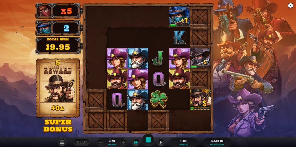 Action from Bounty County's Free Spins bonus round, featuring a Boss Bandit and active win multiplier.