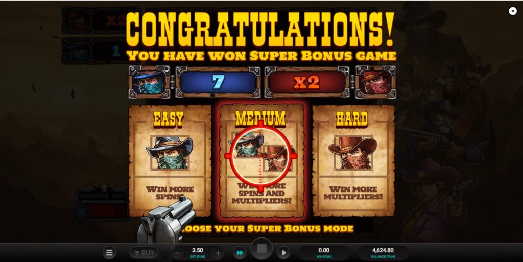 Bounty County slot bonus game mode selection screen, showing Easy, Medium, and Hard options for free spins.