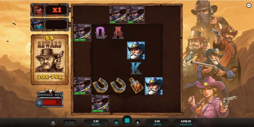 Bounty County slot's Guns Crate feature activated, firing at bandits in the Special Symbol Area.