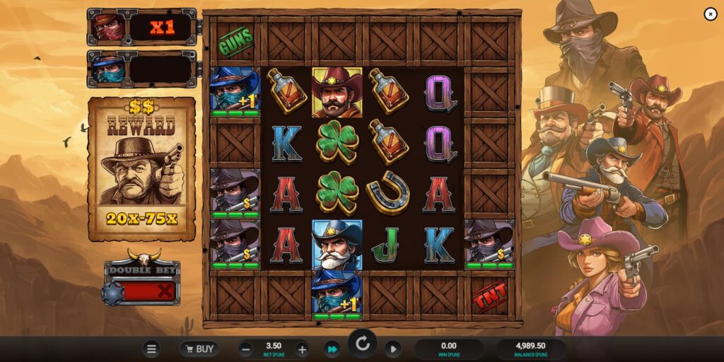 Bounty County slot main game interface showing the 6x6 grid with inner paying symbols and outer Special Symbol Area with bandits and crates.
