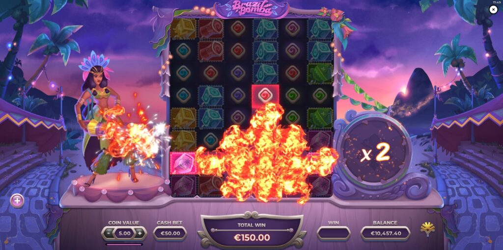 The Bomb Feature activated in Brazil Bomba slot, clearing symbols in a star formation.